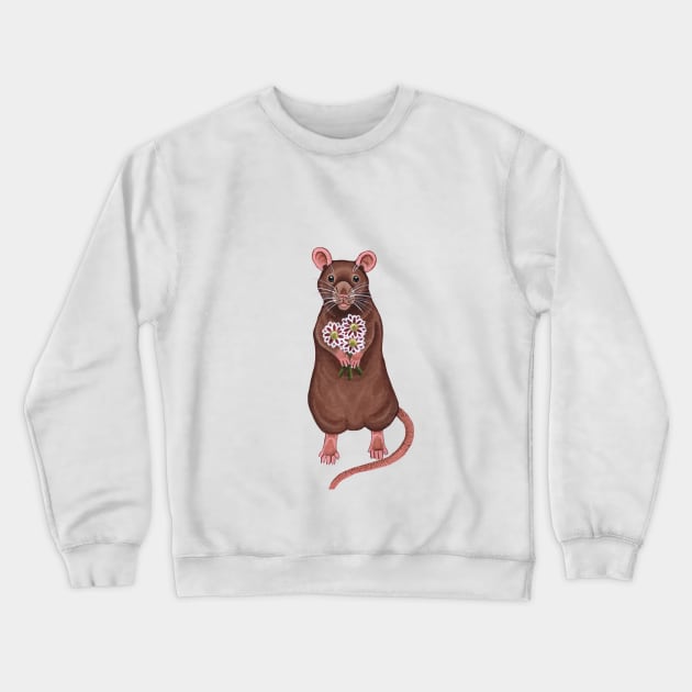 Rat Holding Flowers Crewneck Sweatshirt by WolfySilver